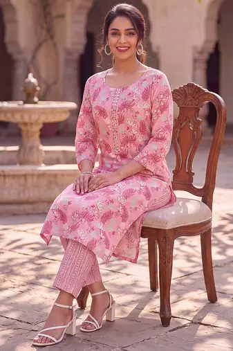 Women's pink rayon floral printed kurta and trouser set | trendy ethnic wear for women | stylish casual & festive outfit