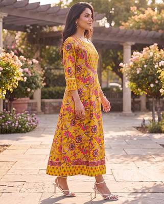 Women's yellow cotton blend floral printed kurta | elegant ethnic wear kurti | trendy casual & festive wear for women 2