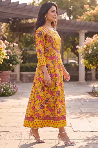 Women's yellow cotton blend floral printed kurta | elegant ethnic wear kurti | trendy casual & festive wear for women