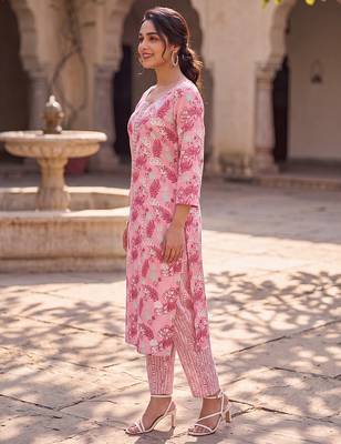 Women's pink rayon floral printed kurta and trouser set | trendy ethnic wear for women | stylish casual & festive outfit 4
