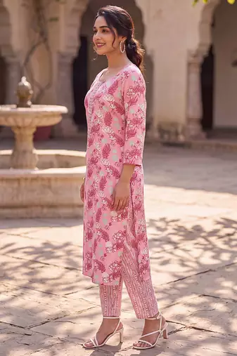 Women's pink rayon floral printed kurta and trouser set | trendy ethnic wear for women | stylish casual & festive outfit