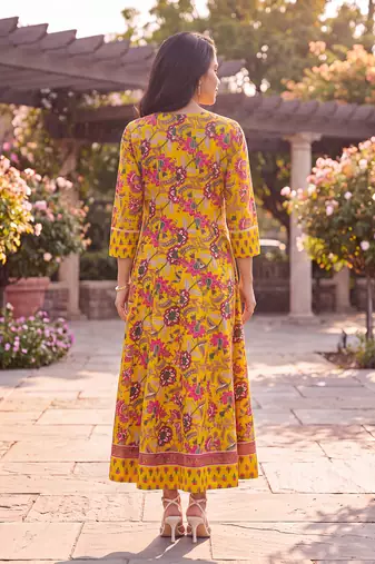 Women's yellow cotton blend floral printed kurta | elegant ethnic wear kurti | trendy casual & festive wear for women