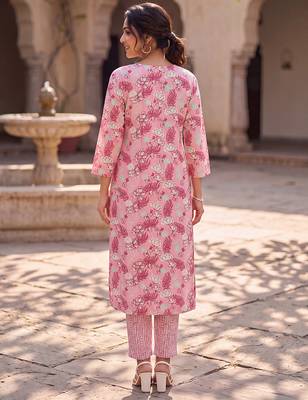 Women's pink rayon floral printed kurta and trouser set | trendy ethnic wear for women | stylish casual & festive outfit 5