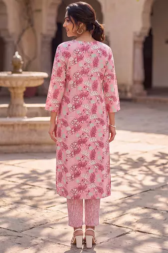 Women's pink rayon floral printed kurta and trouser set | trendy ethnic wear for women | stylish casual & festive outfit