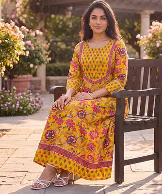 Women's yellow cotton blend floral printed kurta | elegant ethnic wear kurti | trendy casual & festive wear for women 4