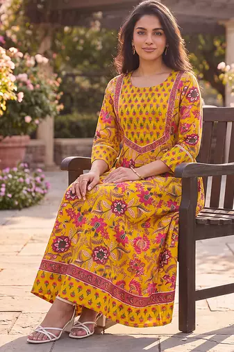 Women's yellow cotton blend floral printed kurta | elegant ethnic wear kurti | trendy casual & festive wear for women