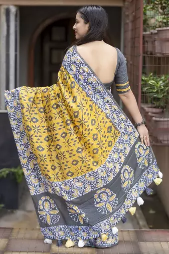 Yellow batik printed zari chanderi saree