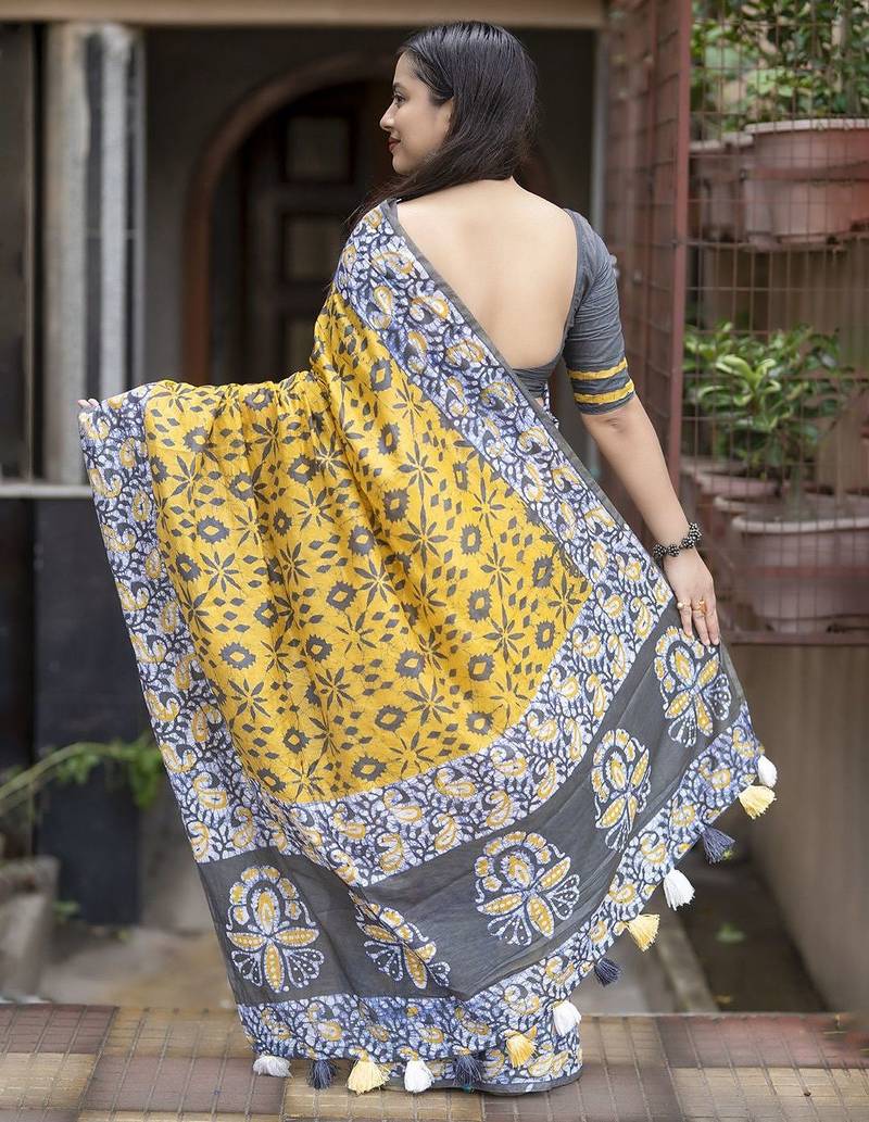Yellow batik printed zari chanderi saree