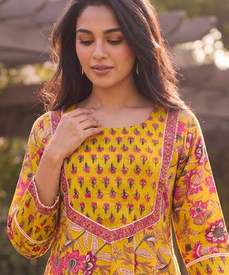 Women's yellow cotton blend floral printed kurta | elegant ethnic wear kurti | trendy casual & festive wear for women 5