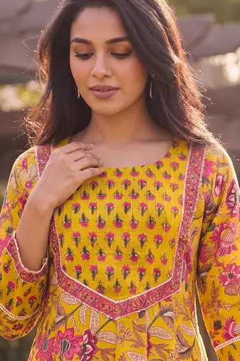 Women's yellow cotton blend floral printed kurta | elegant ethnic wear kurti | trendy casual & festive wear for women
