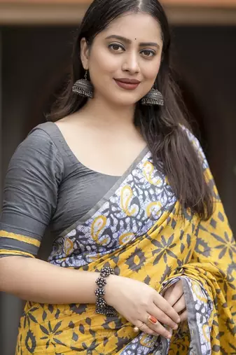 Yellow batik printed zari chanderi saree