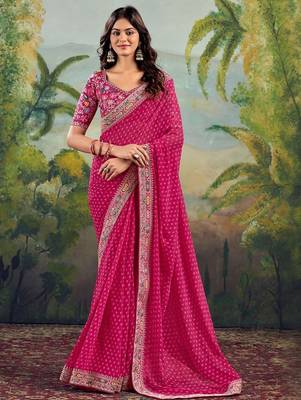 Pink bandhani embroidered poly georgette bandhani saree 1