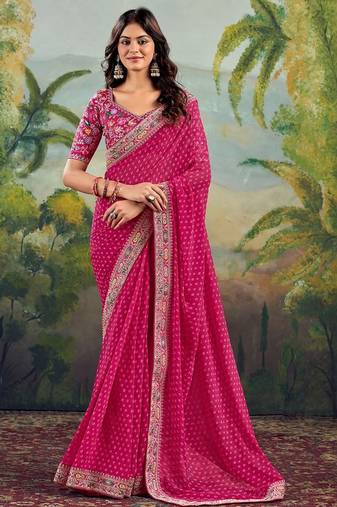 Pink bandhani embroidered poly georgette bandhani saree