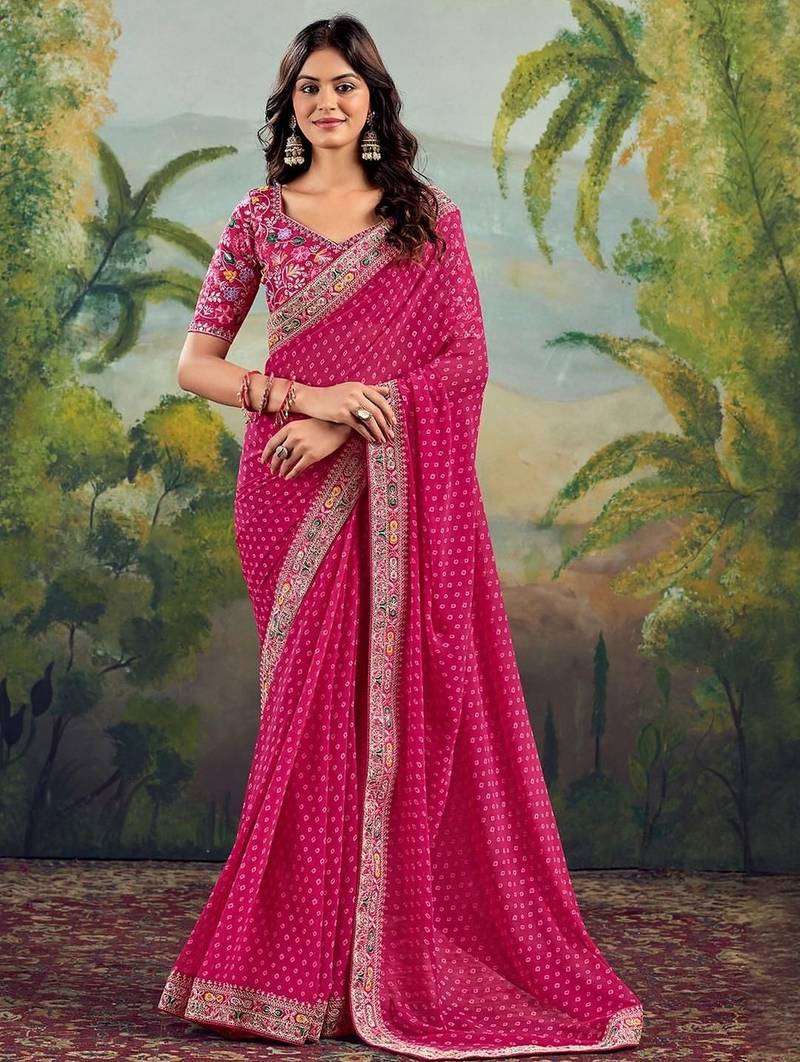 Pink bandhani embroidered poly georgette bandhani saree
