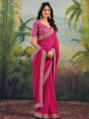 Pink bandhani embroidered poly georgette bandhani saree 2
