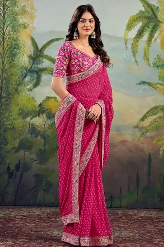 Pink bandhani embroidered poly georgette bandhani saree