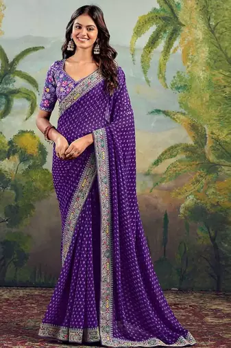 Purple bandhani embroidered poly georgette bandhani saree