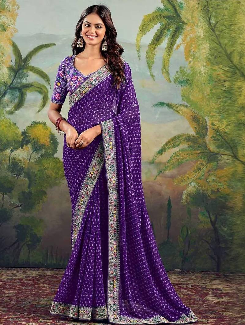 Purple bandhani embroidered poly georgette bandhani saree