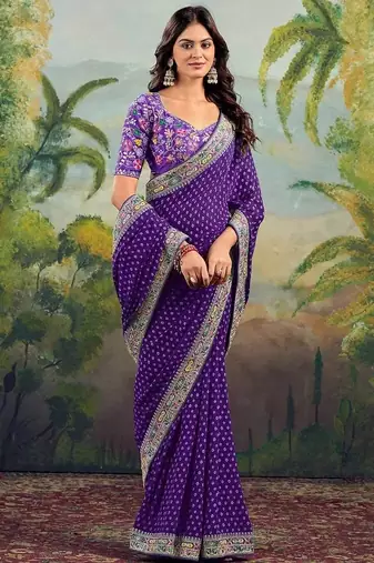 Purple bandhani embroidered poly georgette bandhani saree