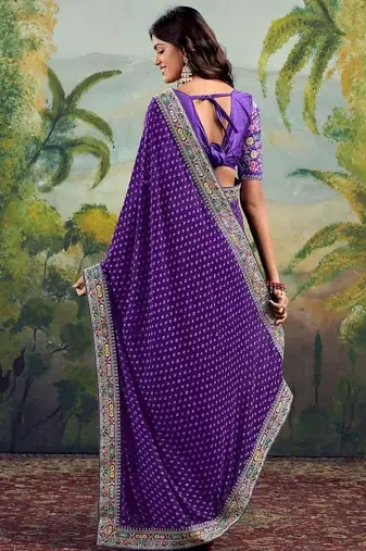 Purple bandhani embroidered poly georgette bandhani saree