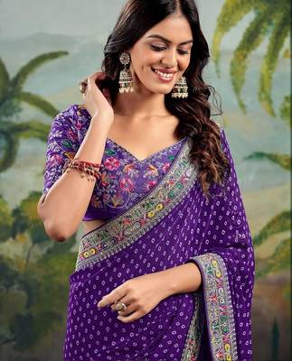 Purple bandhani embroidered poly georgette bandhani saree 4