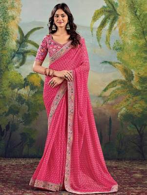 Peach bandhani embroidered poly georgette bandhani saree 1
