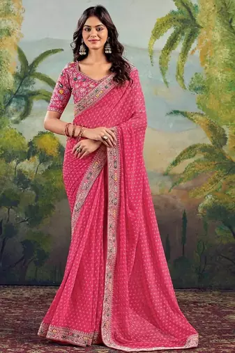 Peach bandhani embroidered poly georgette bandhani saree