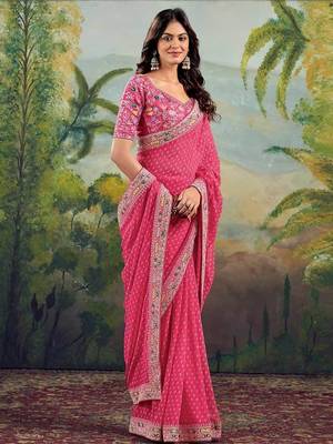 Peach bandhani embroidered poly georgette bandhani saree 2