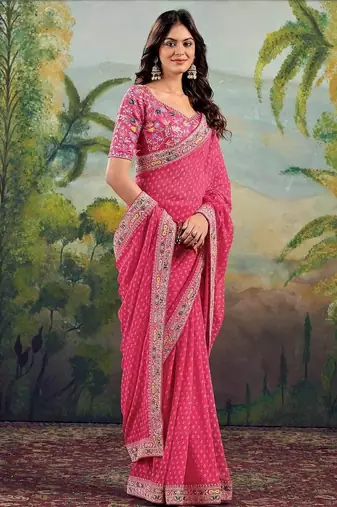 Peach bandhani embroidered poly georgette bandhani saree