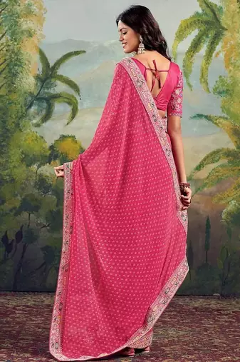 Peach bandhani embroidered poly georgette bandhani saree