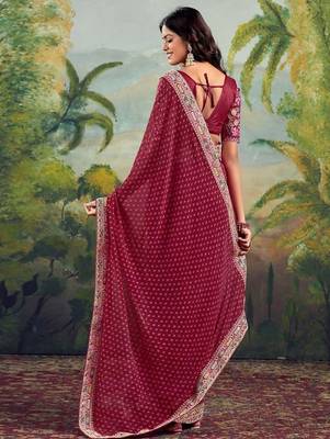 Red bandhani embroidered poly georgette bandhani saree 3