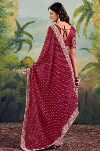 Red bandhani embroidered poly georgette bandhani saree