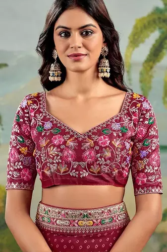 Red bandhani embroidered poly georgette bandhani saree