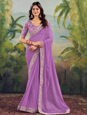 Lavender bandhani embroidered poly georgette bandhani saree 1