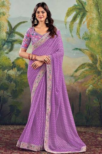 Lavender bandhani embroidered poly georgette bandhani saree
