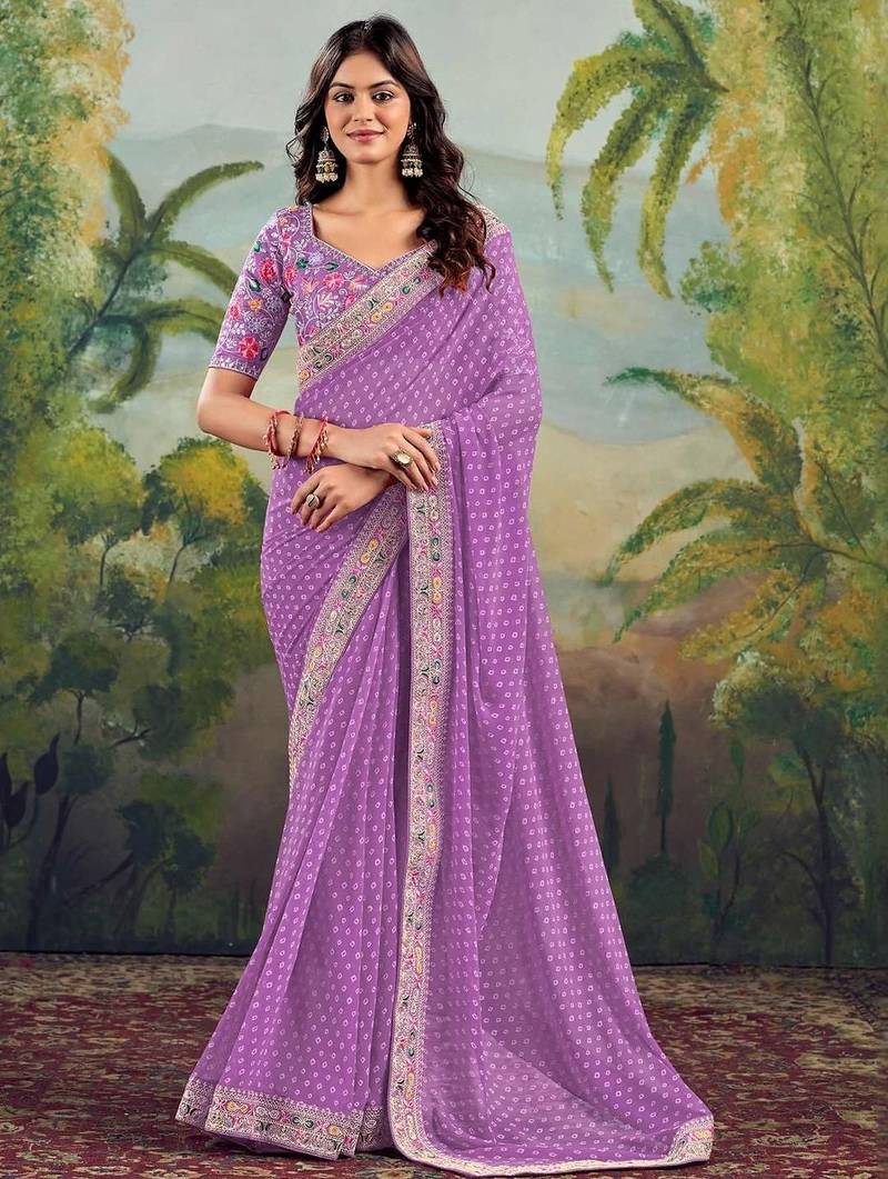 Lavender bandhani embroidered poly georgette bandhani saree