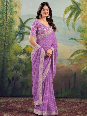 Lavender bandhani embroidered poly georgette bandhani saree 2