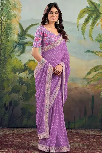 Lavender bandhani embroidered poly georgette bandhani saree