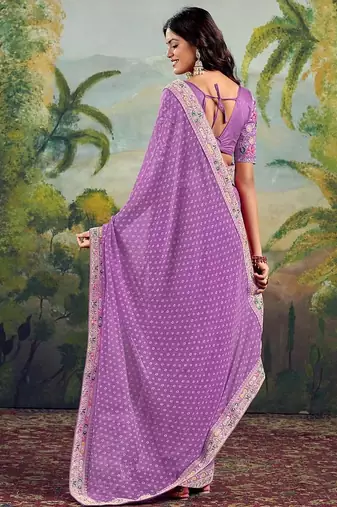 Lavender bandhani embroidered poly georgette bandhani saree