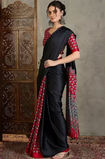 Black ethnic motifs silk blend saree