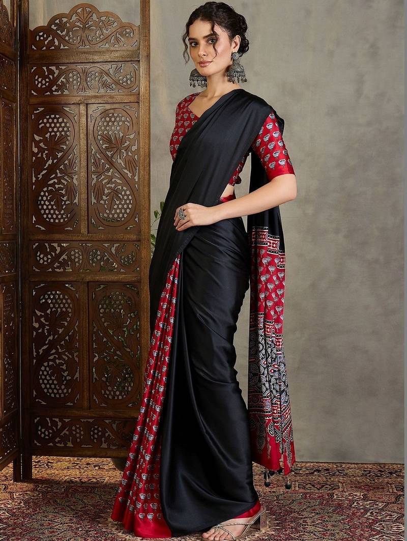 Black ethnic motifs silk blend saree