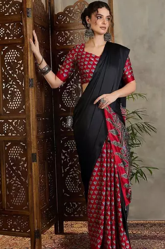 Black ethnic motifs silk blend saree