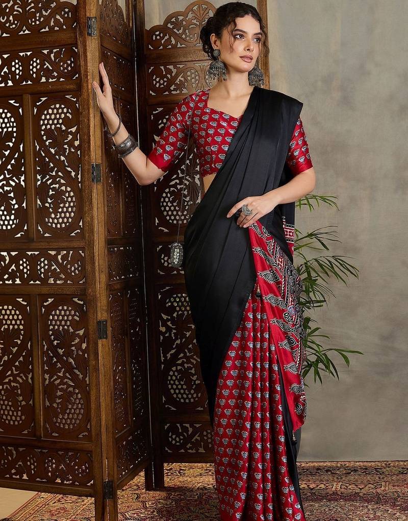 Black ethnic motifs silk blend saree