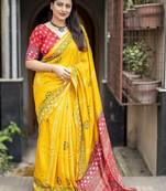 Yellow floral zari chanderi saree