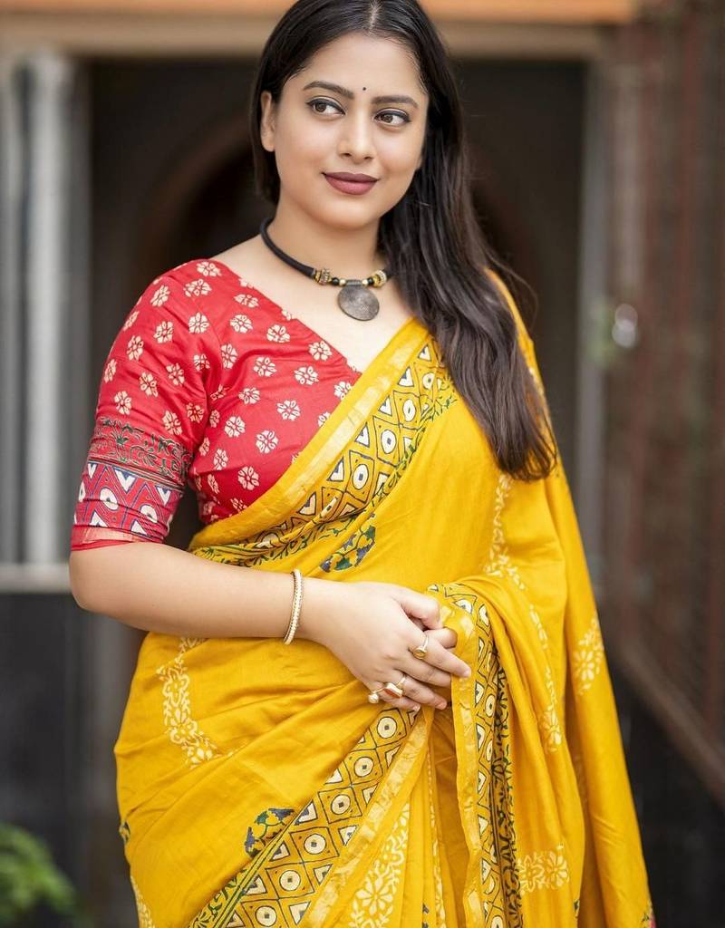 Yellow floral zari chanderi saree