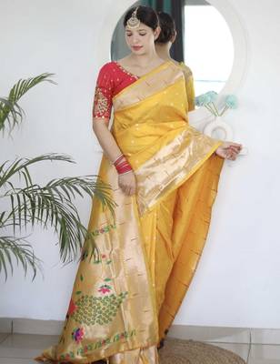 Yellow yellow paithani silk saree with unstitched blouse piece 1