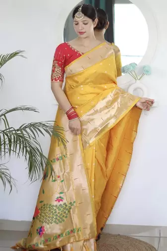 Yellow yellow paithani silk saree with unstitched blouse piece