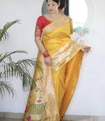 Yellow yellow paithani silk saree with unstitched blouse piece