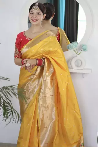 Yellow yellow paithani silk saree with unstitched blouse piece