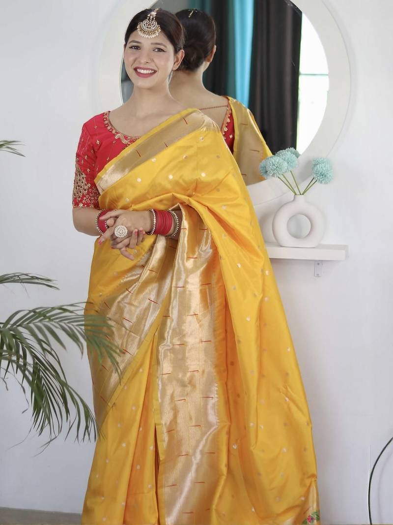 Yellow yellow paithani silk saree with unstitched blouse piece